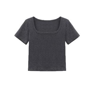 2026春夏季t恤女正肩上衣短袖法式方领露锁骨纯棉体恤内搭打底衫