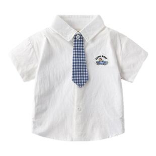 儿童短袖衬衫 夏季新款男童装学院风白色小礼服 宝宝薄款领带上衣