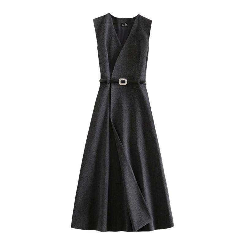 QMR系带气质内搭长款V领马甲裙