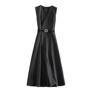 1681高级灰简约马甲裙女2025秋冬气质V领内搭过膝无袖背心连衣裙