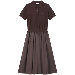 【新品】BEANPOLE滨波26夏季女静默复古风纯棉针织拼接短袖连衣裙