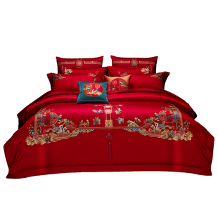 婚庆四件套高端刺绣百子图 全棉红色喜被陪嫁长绒棉结婚床上用品
