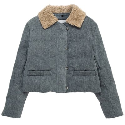 MESUX米岫25冬翠峰绒牛仔拼接毛领中性外套短款羽绒服MNWUL203