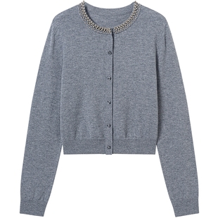 衣香丽影全羊毛钉珠针织开衫女2025秋冬装新款韩系氛围感灰色上衣