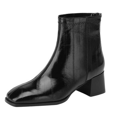 达芙妮黑色短靴女漆皮高跟马丁靴