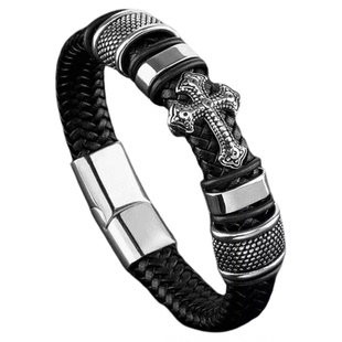 欧美黑武士男士皮手绳潮人朋克重金属十字架编织高级时尚个性手链