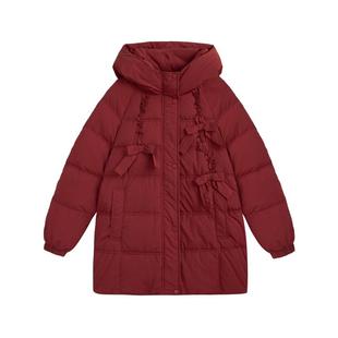紫涵连帽宽松羽绒服女冬季新款甜美蝴蝶结红色保暖休闲白鸭绒外套