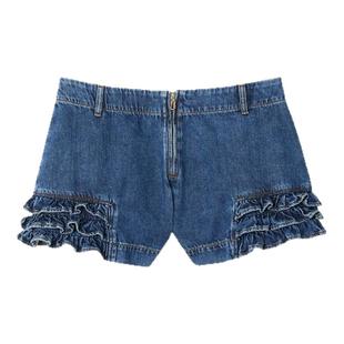 季末6折SANDRO2025秋冬新款女装法式甜美纯棉蛋糕花边牛仔短裤