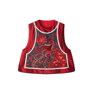 JINGJING2026新款“朱红凤凰”人丝龟裂纹色织双宫丝刺绣中式马甲