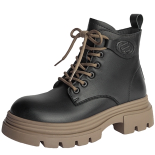 百丽女靴英伦风真皮马丁靴女保暖冬新时装靴厚底加绒短靴B9T1DDD4