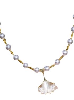 气质猫眼石银杏叶珍珠项链女小众