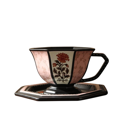 中古风咖啡杯设计师款法式复古牡丹八角陶瓷杯碟精致小众下午茶杯