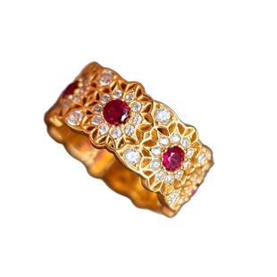 新中式足金包银镶嵌玫瑰花窗戒指女款复古珐琅彩红宝石指环送女友