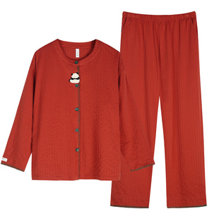 轩靓泡泡棉睡衣女士春秋季纯棉长袖红色国风熊猫可外穿家居服套装