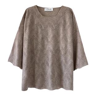 APCSHOP 24女士简约针织镂空套头衫女宽松休闲圆领五分袖纯羊绒衫