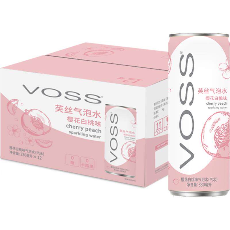 芙丝(VOSS)樱花白桃果味气泡水330ml*12听0糖0卡0碳水整箱装