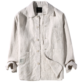 纯亚麻衬衫外套男夏季长袖薄款休闲宽松大码上衣复古棉麻衬衣夹克