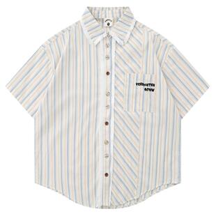 From Mars 条条框框 夏季学院风男女条纹衬衫翻领美式休闲短袖bf