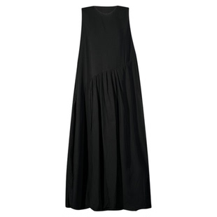 陆与山屿【如斯】莱赛尔不规则下摆圆领大裙摆黑色无袖薄款连衣裙