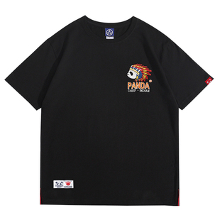 INDIAN PANDA印第安熊猫刺绣潮牌短袖T恤男款女情侣装个性酋长夏