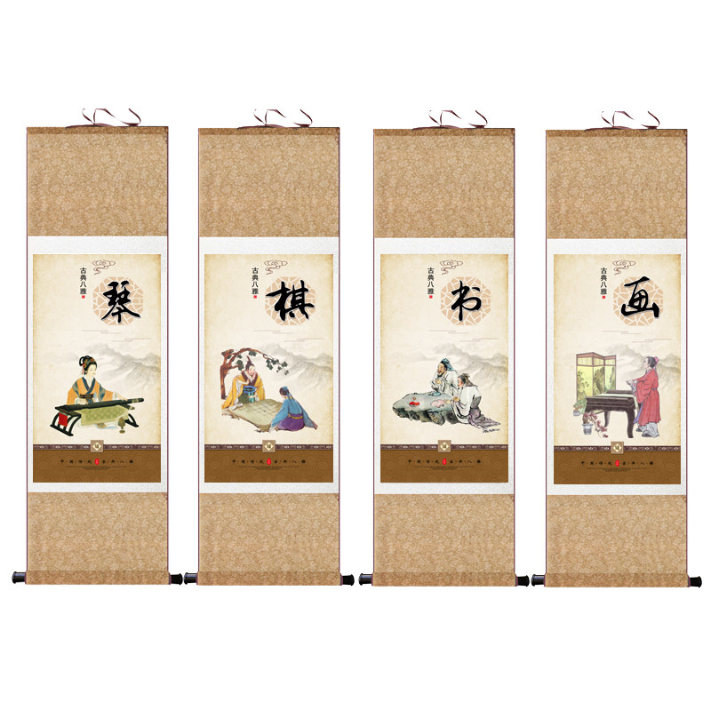 花茶四条屏宣纸卷轴画
