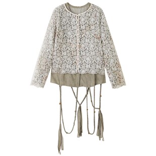 grape wang 原创设计师款复古蕾丝拼接假两件外套女宽松显瘦上衣