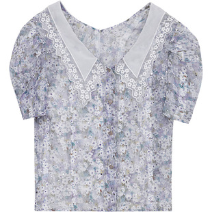 Oece小碎花文艺雪纺衫夏装新款女装蕾丝花边设计感衬衫春上衣