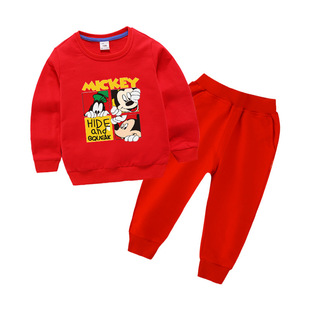 儿童米奇衣服童装男童薄款长袖卫衣纯棉春装女童大红色套装春秋潮