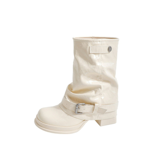 白色复古时髦裤管靴圆头皮带扣粗跟堆堆短靴黑色炸街百搭马丁靴女