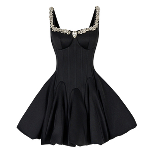 现货法式重工千金闪钻黑色高级感连衣裙鱼骨蓬蓬裙生日千金小礼裙