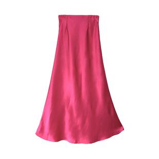 CCA松弛感玫红缎面鱼尾裙高腰松紧半身裙A字亮面仿绸缎光泽长裙女