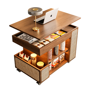 现代实木可移动茶几小户型沙发边几客厅阳台升降小推车多功能茶桌