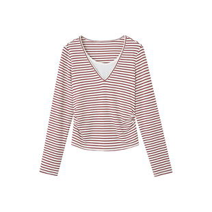 indicia标记2026春季新款红白条纹撞色显白假两件针织衫L2A6ZZ025