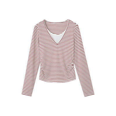 indicia标记2026春季新款红白条纹撞色显白假两件针织衫L2A6ZZ025