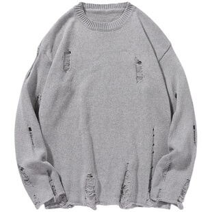 BOYUE帛跃港风痞帅个性破烂破洞毛衣男秋冬季慵懒风针织衫设计感