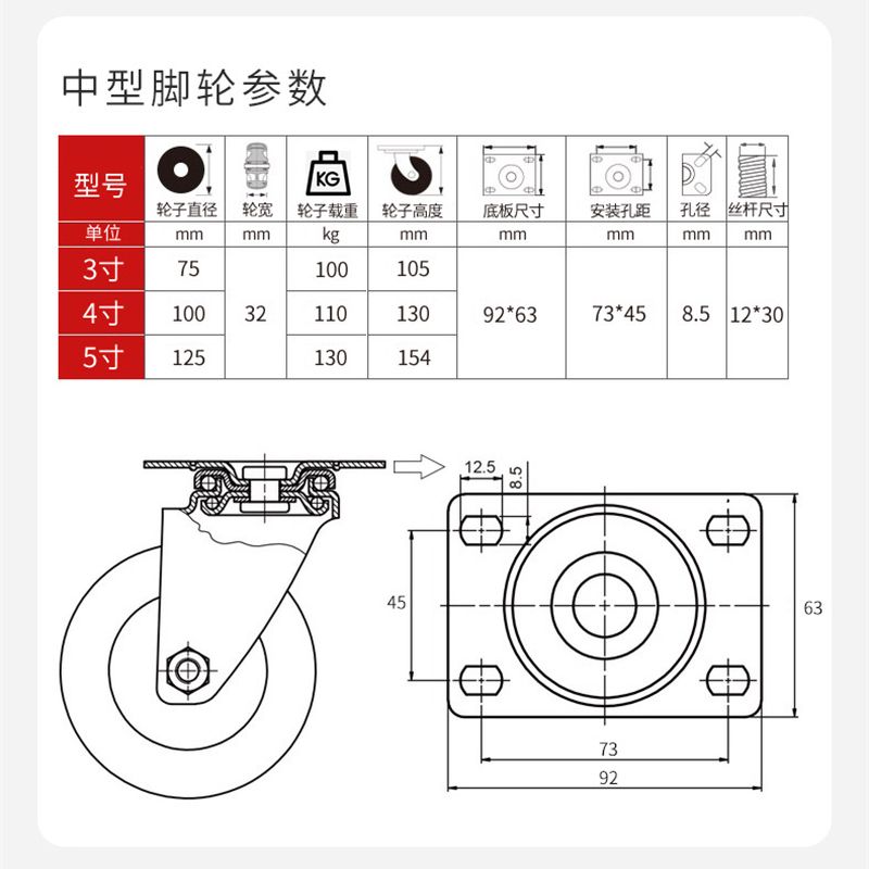 重型脚轮4寸5寸万向轮脚轮加厚寸耐磨6寸8支架工业铸铁刹车镀锌