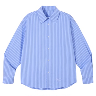 PSO Brand男装女装蓝条纹刺绣款宽松休闲衬衫长袖上衣情侣百搭