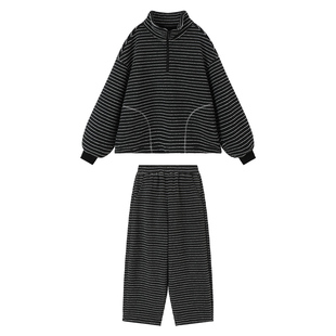 布丁哈鲁童装冬装女童韩系上衣2025秋冬新款儿童条纹奥粒绒套装