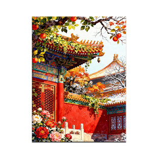 朱墙揽华数字油画diy填涂色手工绘新款冬日故宫红墙雪景装饰挂画