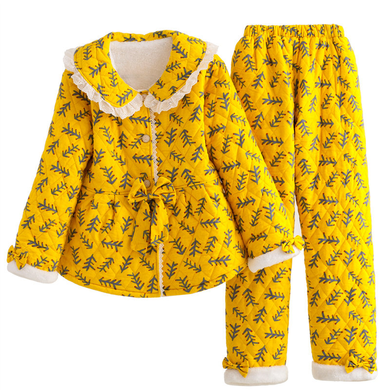 韩版甜美可爱蝴蝶结睡衣女冬加厚娃娃领三层夹棉纯棉亲子家居服绒