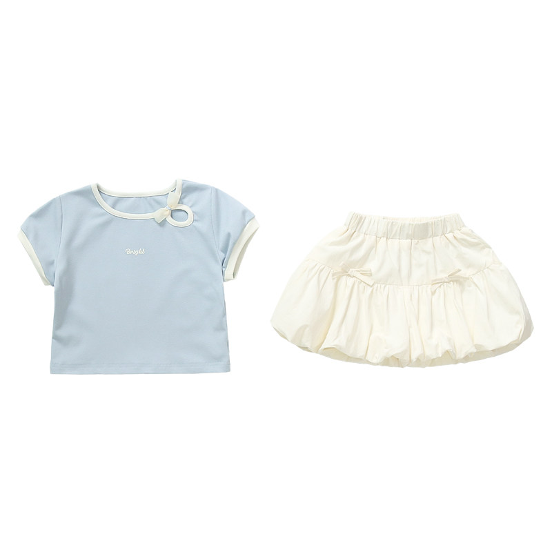 女童2026新款春装洋气蝴蝶结短袖花苞裙两件套装女宝春夏季衣服潮