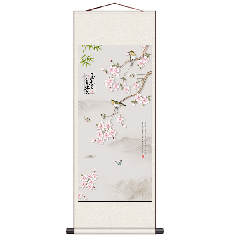 江南春晓花鸟挂画玉兰双喜桃花花鸟挂画丝绸卷轴画家居山水玄关画