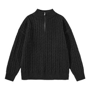 Hipanda你好熊猫高级感情侣绞花毛衣立领半拉链针织衫2025冬毛衫