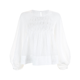 Bettychow Betty私服！苎麻圆领上衣亚麻蓝白色法式减龄俏皮衬衫