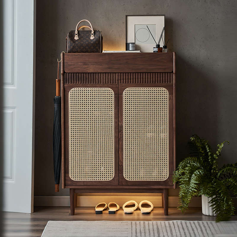 实木鞋柜家用门口藤编黑胡桃简约现代门外大容量鞋架入户玄关柜
