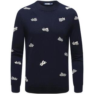 Navigare意大利小帆船毛衣男士春季套头圆领纯羊毛针织衫