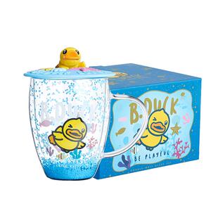 B.Duck官方 小黄鸭双层流沙玻璃杯礼盒装带杯盖生日创意礼品杯子