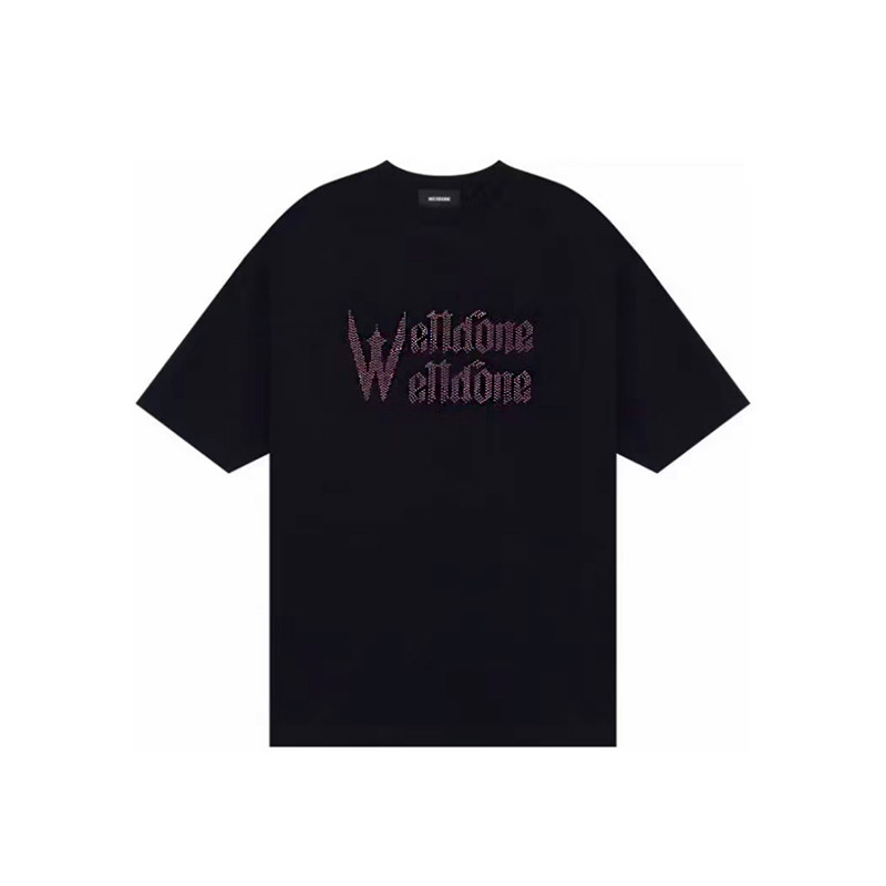 we11李沁明星同款粉墨字母LOGO烫钻水洗复古做旧短袖T恤男女潮牌