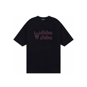 we11李沁明星同款粉墨字母LOGO烫钻水洗复古做旧短袖T恤男女潮牌