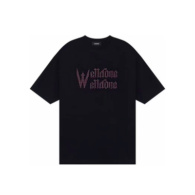 we11李沁明星同款粉墨字母LOGO烫钻水洗复古做旧短袖T恤男女潮牌